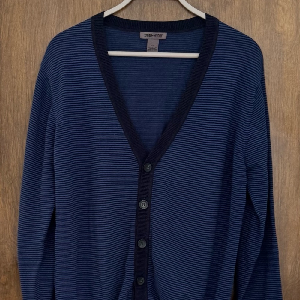 Spring + Mercer Men's Blue Striped 100% cotton Sweater cardigan, size L grandpa